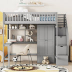 Lit mezzanine en bois pleine grandeur noir / gris / blanc avec bureau, étagère et armoire – 1 personne
