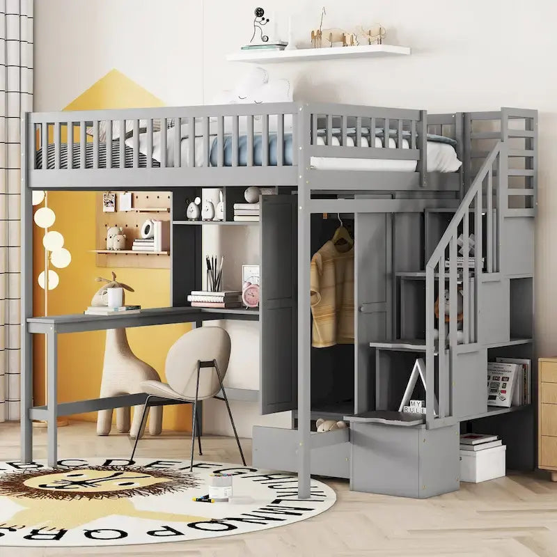 Lit mezzanine en bois pleine grandeur noir / gris / blanc avec bureau, étagère et armoire – 1 personne