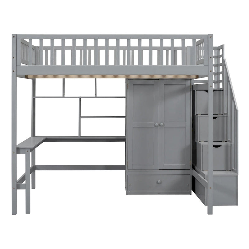 Lit mezzanine en bois pleine grandeur noir / gris / blanc avec bureau, étagère et armoire – 1 personne