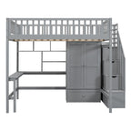 Lit mezzanine en bois pleine grandeur noir / gris / blanc avec bureau, étagère et armoire – 1 personne