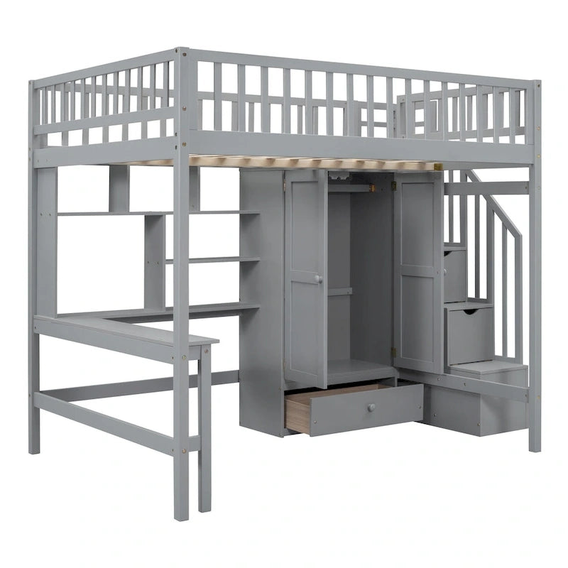 Lit mezzanine en bois pleine grandeur noir / gris / blanc avec bureau, étagère et armoire – 1 personne