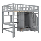 Lit mezzanine en bois pleine grandeur noir / gris / blanc avec bureau, étagère et armoire – 1 personne