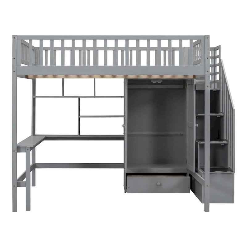 Lit mezzanine en bois pleine grandeur noir / gris / blanc avec bureau, étagère et armoire – 1 personne