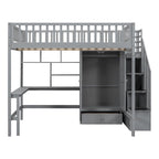 Lit mezzanine en bois pleine grandeur noir / gris / blanc avec bureau, étagère et armoire – 1 personne