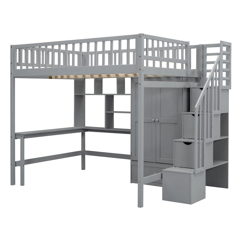 Lit mezzanine en bois pleine grandeur noir / gris / blanc avec bureau, étagère et armoire – 1 personne