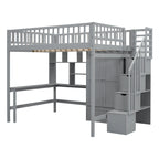 Lit mezzanine en bois pleine grandeur noir / gris / blanc avec bureau, étagère et armoire – 1 personne