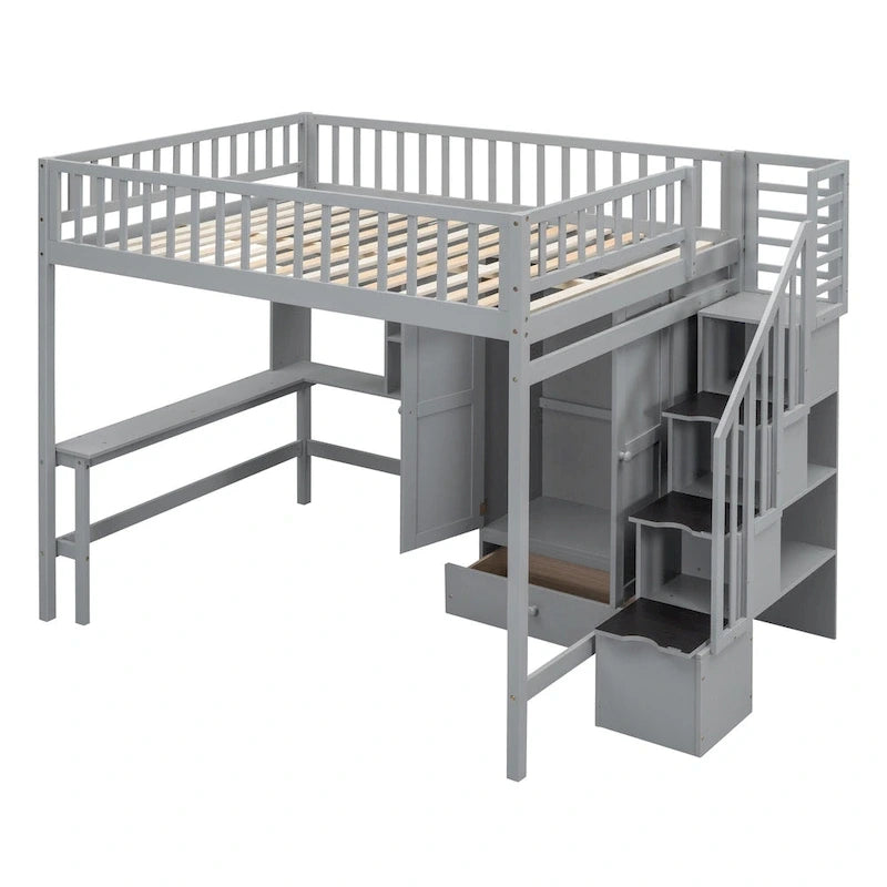 Lit mezzanine en bois pleine grandeur noir / gris / blanc avec bureau, étagère et armoire – 1 personne