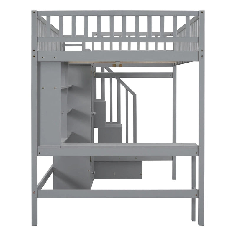 Lit mezzanine en bois pleine grandeur noir / gris / blanc avec bureau, étagère et armoire – 1 personne