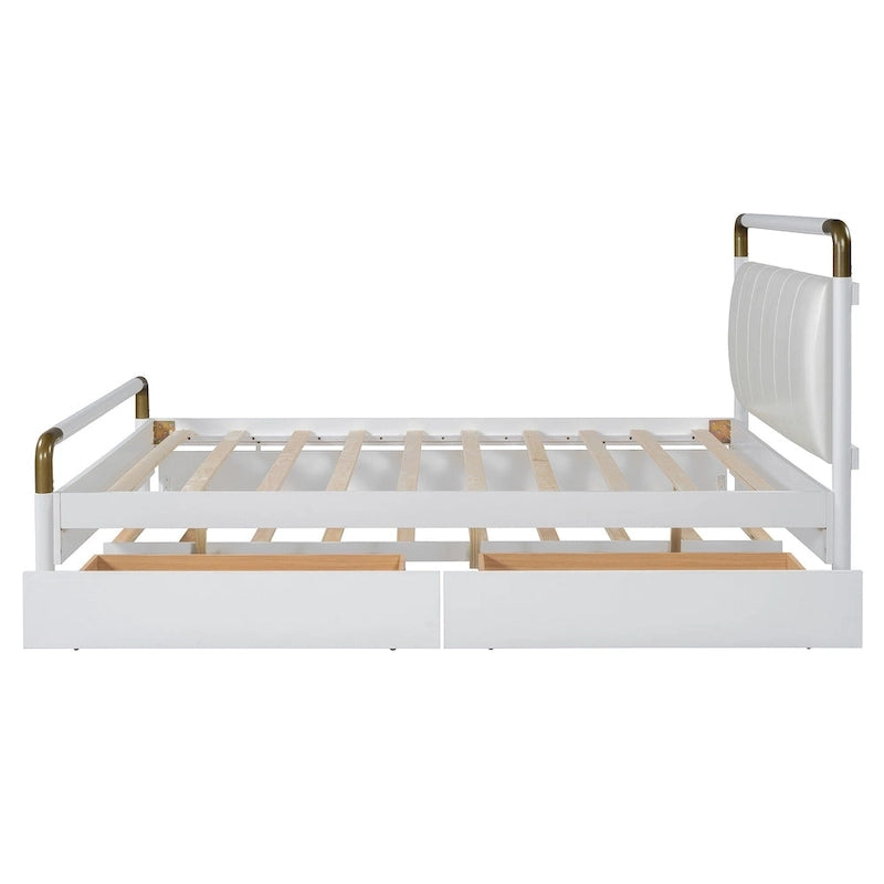 Lit plateforme à baldaquin Queen blanc avec lit gigogne et 2 tiroirs, 2 personnes