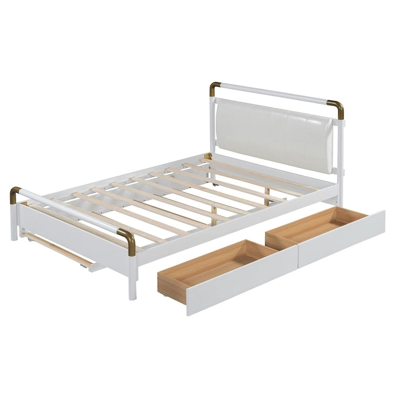 Lit plateforme à baldaquin Queen blanc avec lit gigogne et 2 tiroirs, 2 personnes