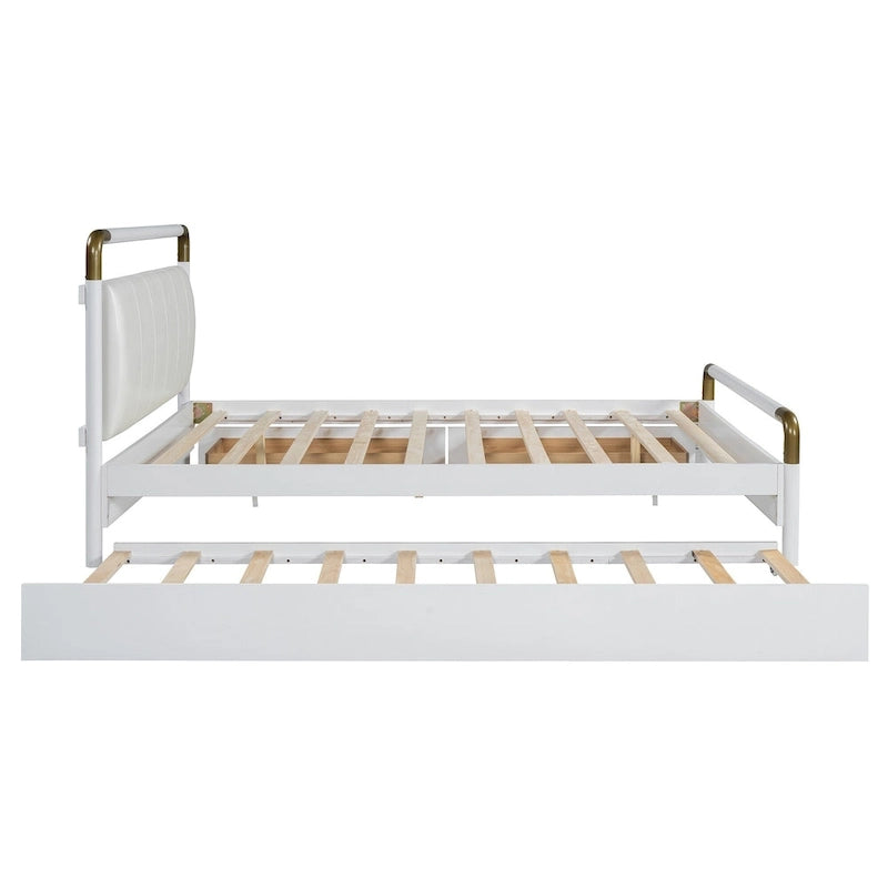 Lit plateforme à baldaquin Queen blanc avec lit gigogne et 2 tiroirs, 2 personnes