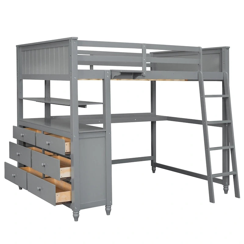 Lit mezzanine gris double avec bureau et tiroirs, pour 1 personne