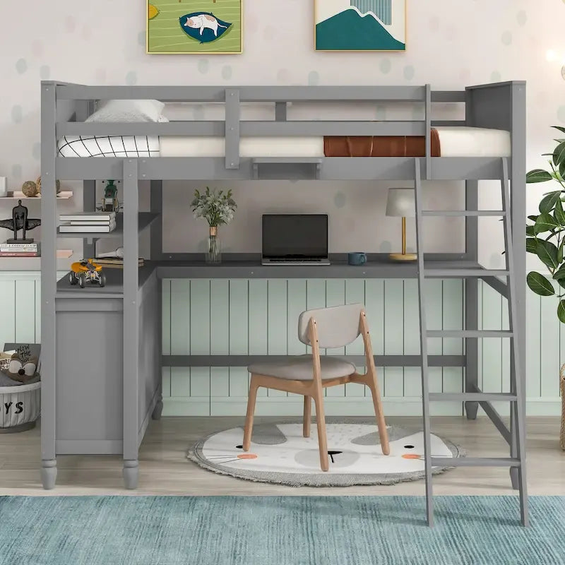 Lit mezzanine gris double avec bureau et tiroirs, pour 1 personne