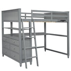 Lit mezzanine gris double avec bureau et tiroirs, pour 1 personne
