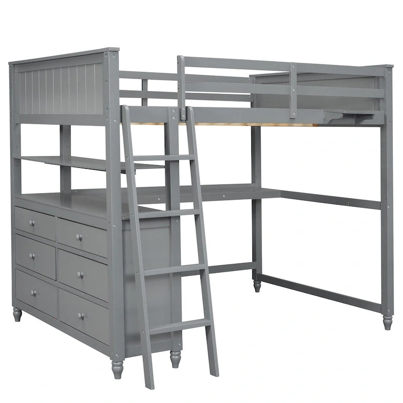 Lit mezzanine gris double avec bureau et tiroirs, pour 1 personne