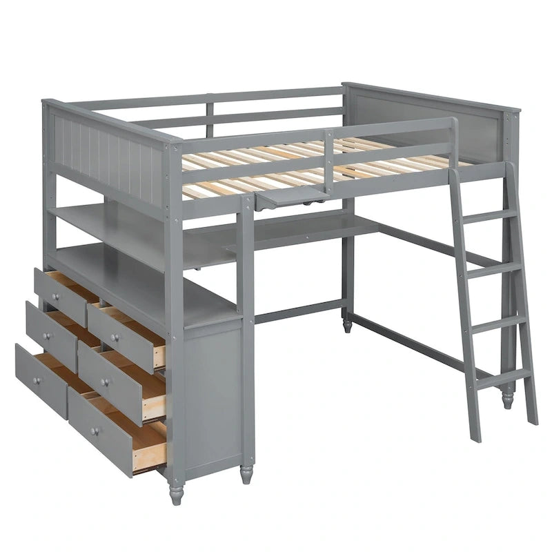 Lit mezzanine gris double avec bureau et tiroirs, pour 1 personne