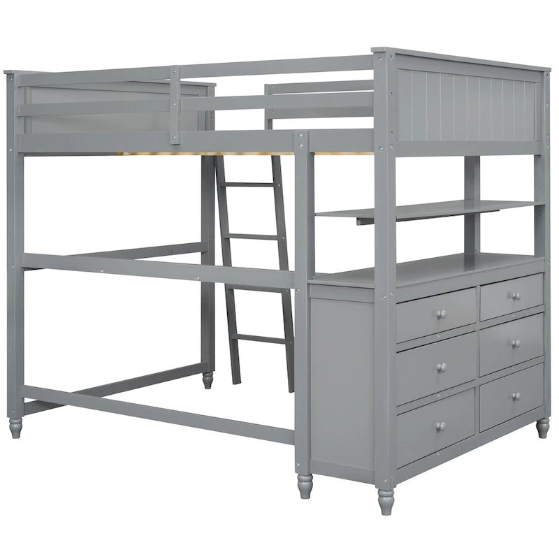Lit mezzanine gris double avec bureau et tiroirs, pour 1 personne