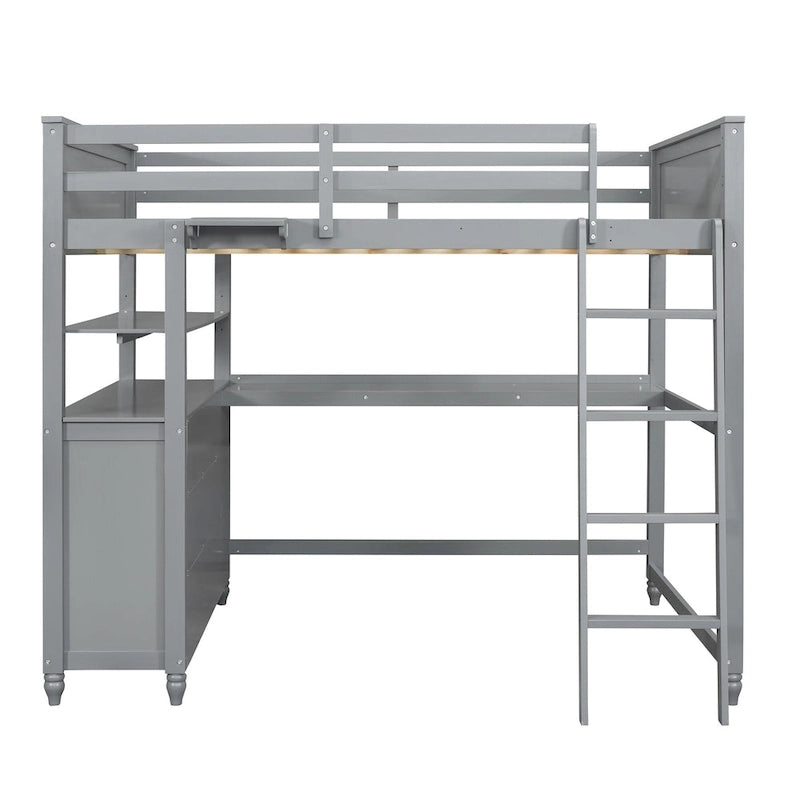Lit mezzanine gris double avec bureau et tiroirs, pour 1 personne