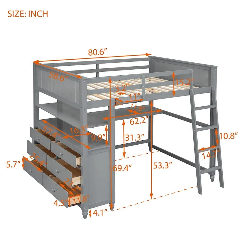 Lit mezzanine gris double avec bureau et tiroirs, pour 1 personne
