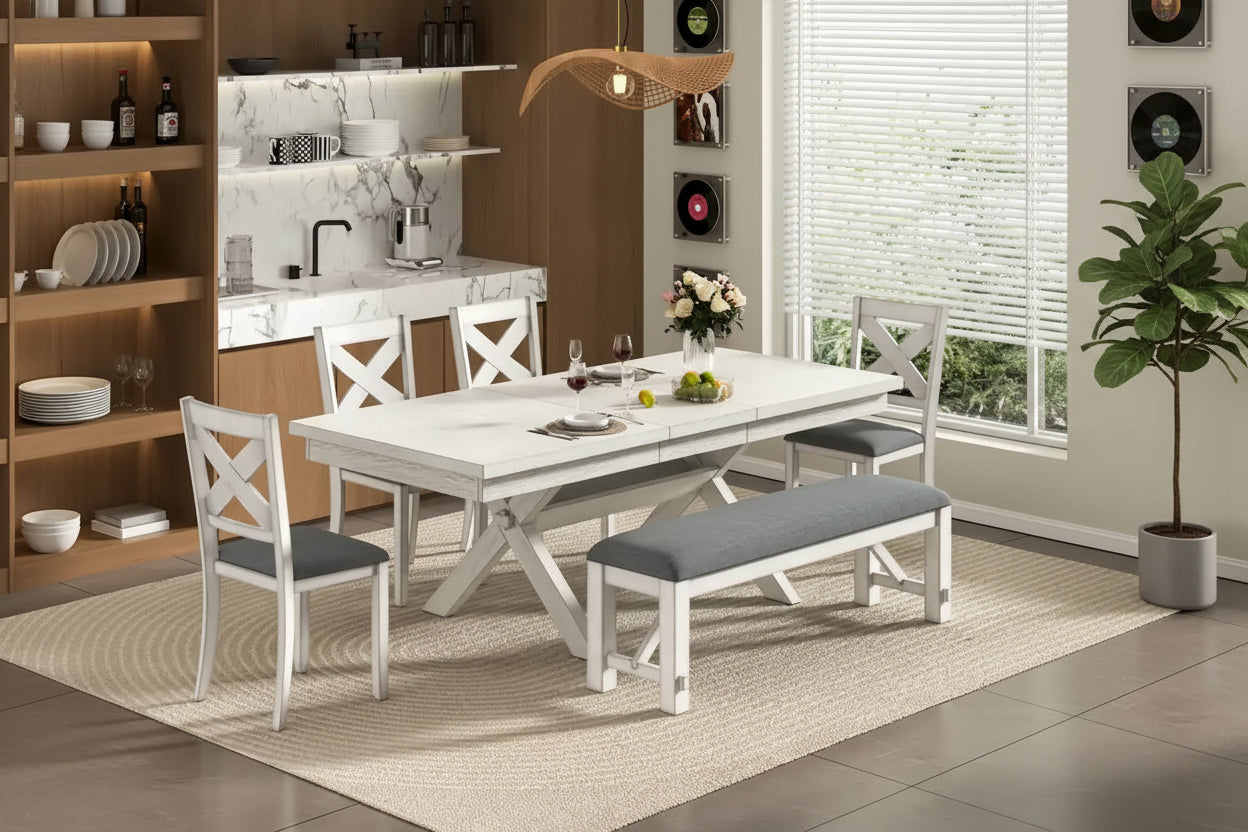 VECELO Dining Table Set with Bench, Solid Wood Rectangular Extendable Dining Table & 4 Solid Wood Dining Chairs