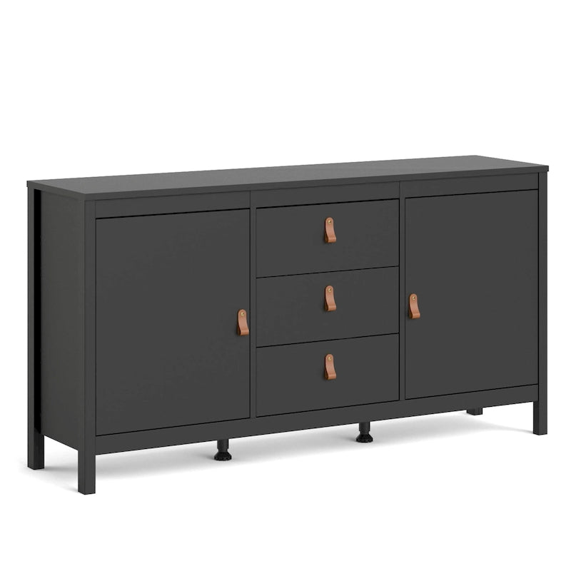 Buffet 2 portes et 3 tiroirs en noir mat / blanc / hickory, assemblage à 2 personnes