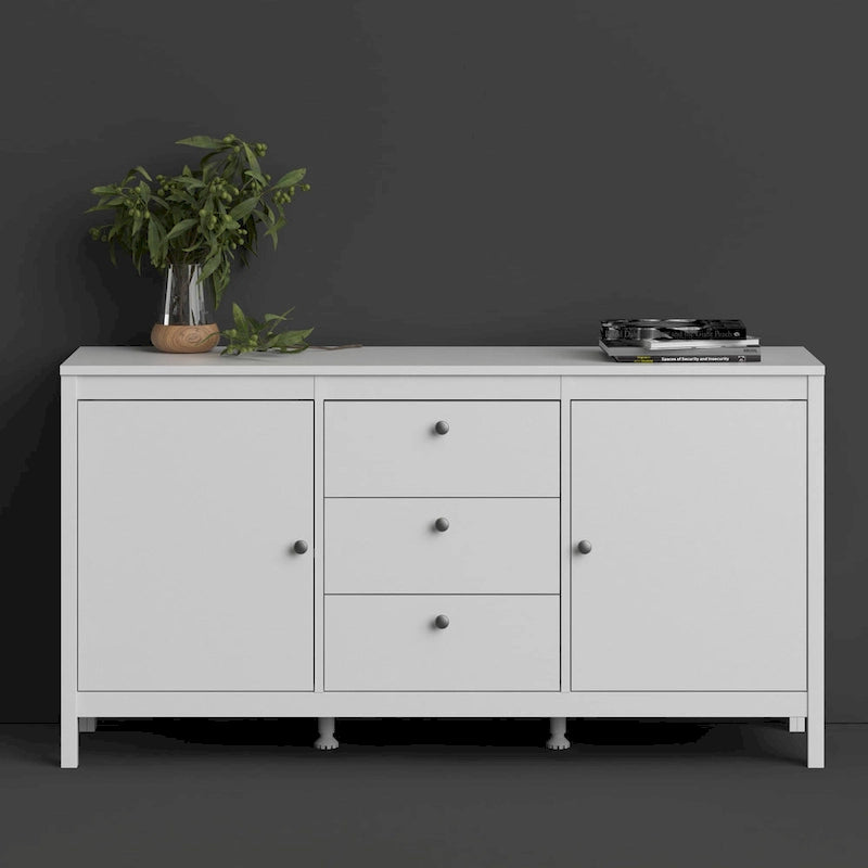 Buffet 2 portes et 3 tiroirs en noir mat / blanc / hickory, assemblage à 2 personnes