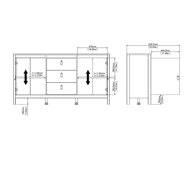 Buffet 2 portes et 3 tiroirs en noir mat / blanc / hickory, assemblage à 2 personnes