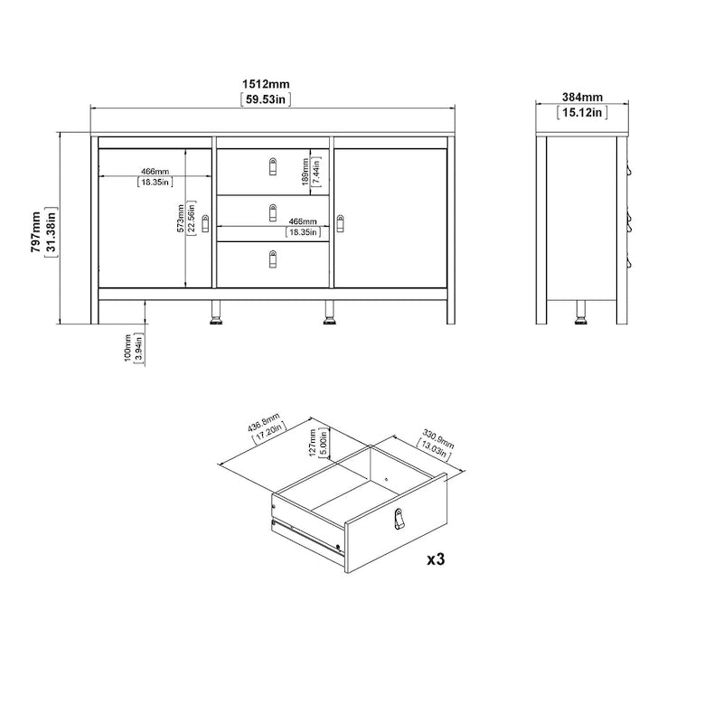 Buffet 2 portes et 3 tiroirs en noir mat / blanc / hickory, assemblage à 2 personnes