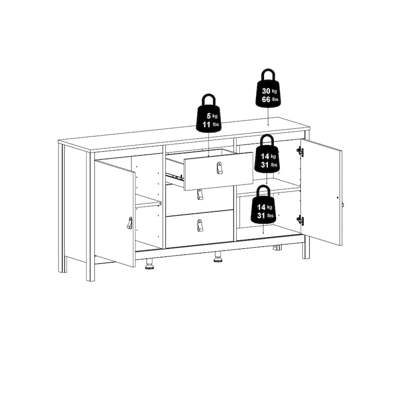 Buffet 2 portes et 3 tiroirs en noir mat / blanc / hickory, assemblage à 2 personnes