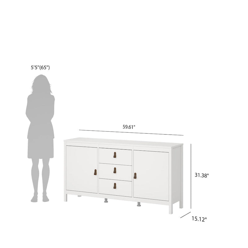 Buffet 2 portes et 3 tiroirs en noir mat / blanc / hickory, assemblage à 2 personnes