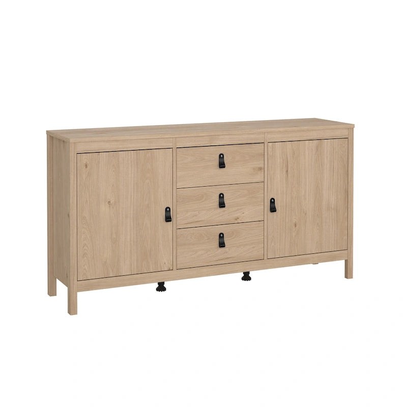 Buffet 2 portes et 3 tiroirs en noir mat / blanc / hickory, assemblage à 2 personnes