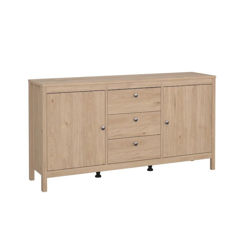 Buffet 2 portes et 3 tiroirs en noir mat / blanc / hickory, assemblage à 2 personnes