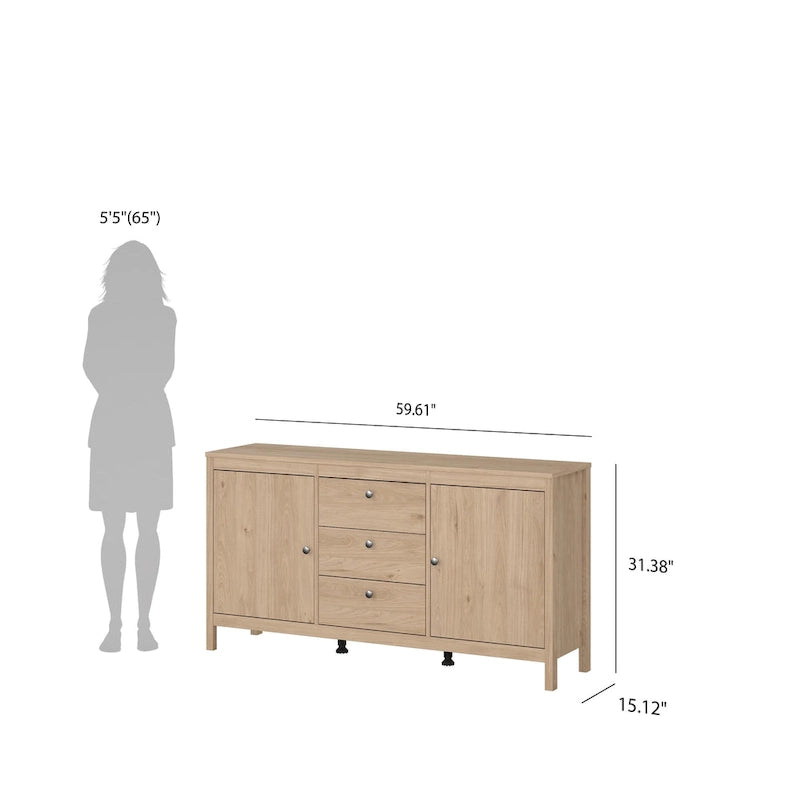 Buffet 2 portes et 3 tiroirs en noir mat / blanc / hickory, assemblage à 2 personnes