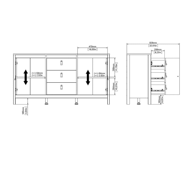 Buffet 2 portes et 3 tiroirs en noir mat / blanc / hickory, assemblage à 2 personnes