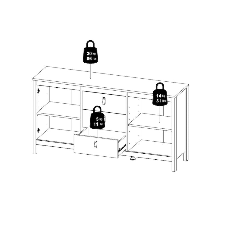 Buffet 2 portes et 3 tiroirs en noir mat / blanc / hickory, assemblage à 2 personnes