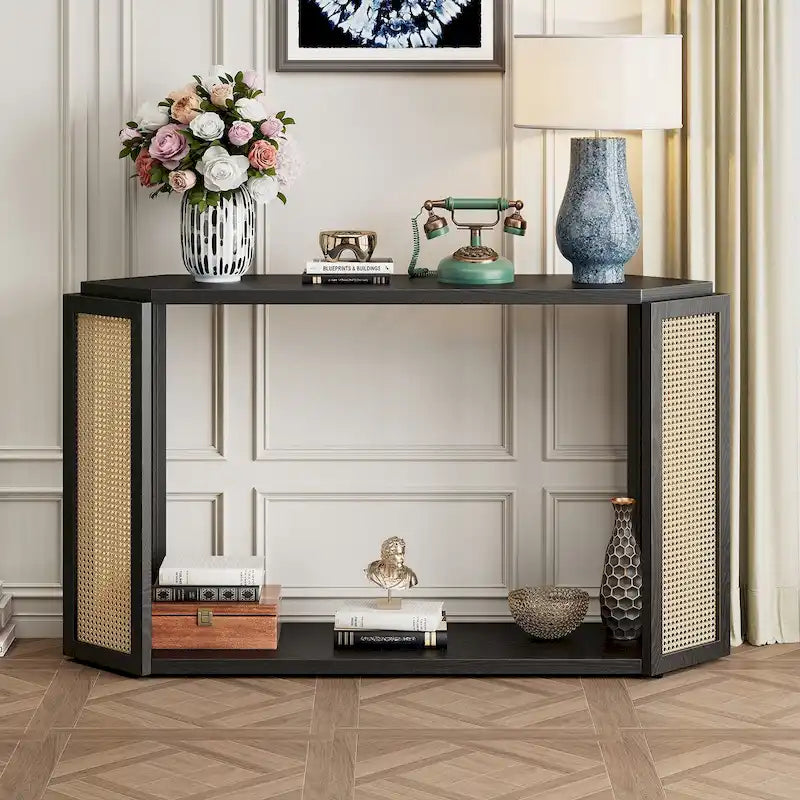 Console de table en flèche noire avec panneau en rotin, entrée une personne