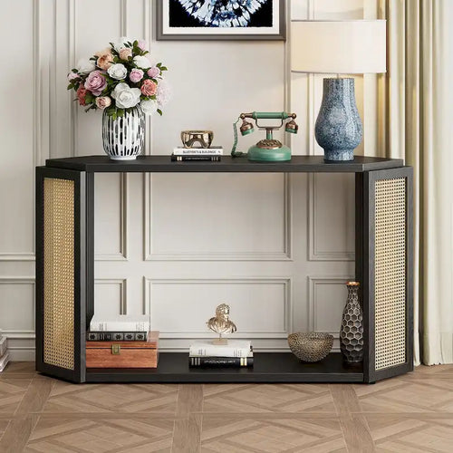 Model Narrow Entryway Table,Irregular Top with Rattan for Living Room