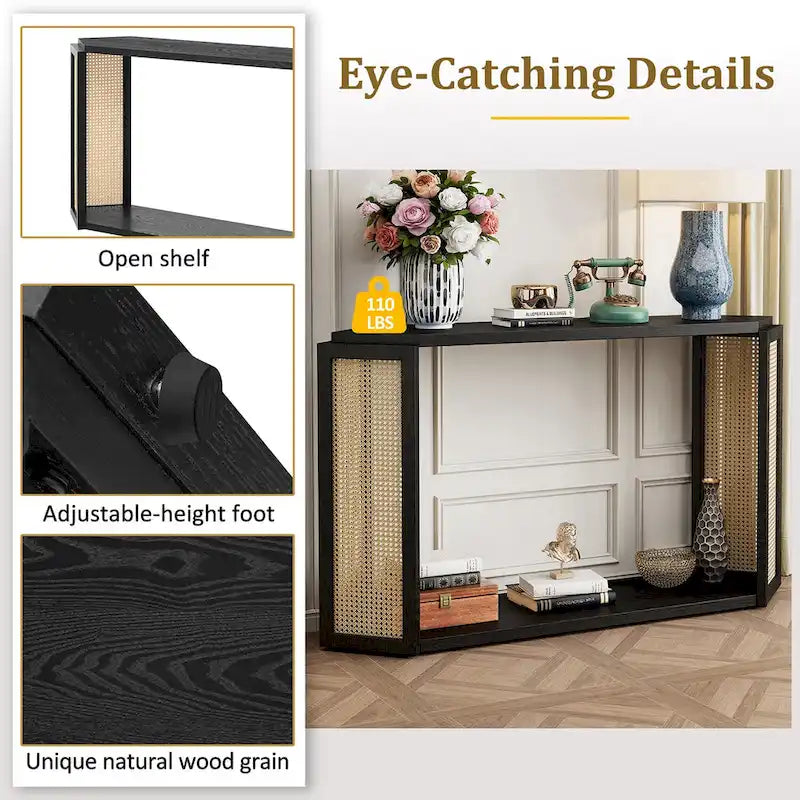 Console de table en flèche noire avec panneau en rotin, entrée une personne