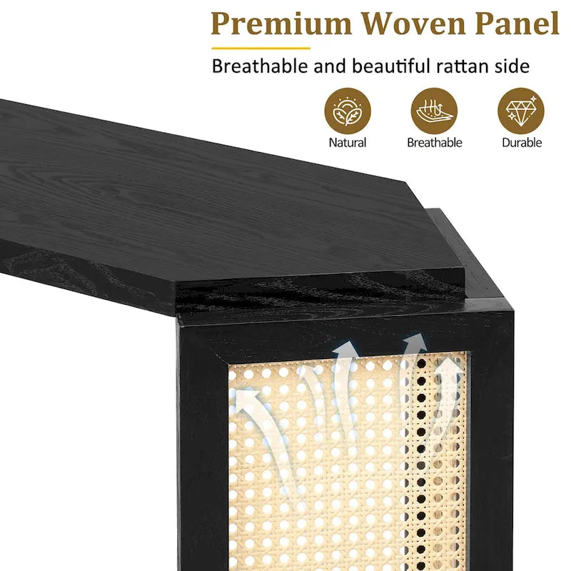 Console de table en flèche noire avec panneau en rotin, entrée une personne