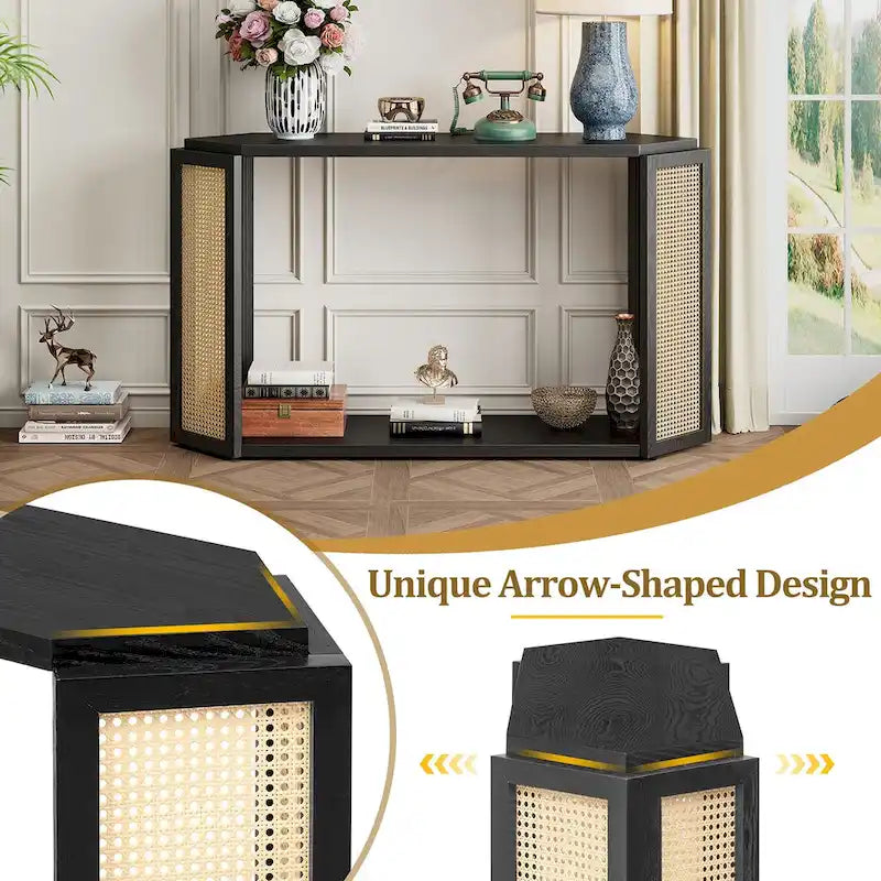 Console de table en flèche noire avec panneau en rotin, entrée une personne