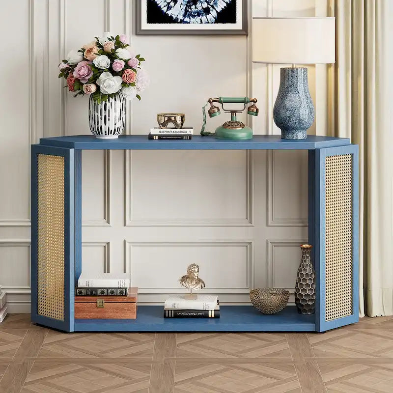 Console de table en flèche noire avec panneau en rotin, entrée une personne