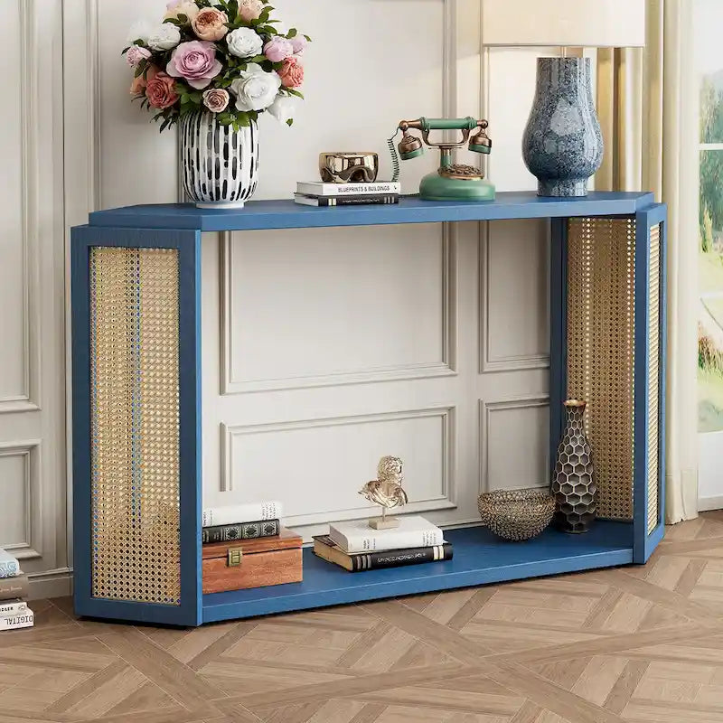 Console de table en flèche noire avec panneau en rotin, entrée une personne