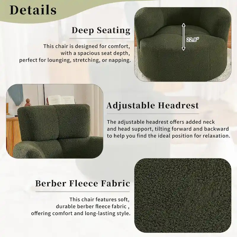 Fauteuil pivotant en tissu gris/vert/crème/jaune avec appui-tête réglable, une place