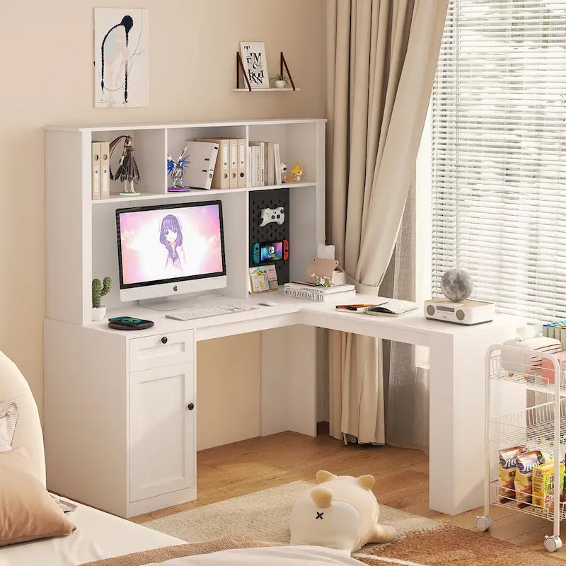Bureau d'angle en L blanc avec prises, tiroirs et étagère, 1 personne