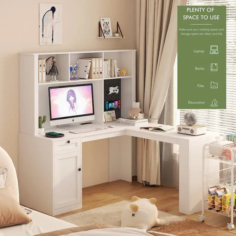 Bureau d'angle en L blanc avec prises, tiroirs et étagère, 1 personne