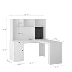 Bureau d'angle en L blanc avec prises, tiroirs et étagère, 1 personne
