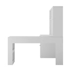 Bureau d'angle en L blanc avec prises, tiroirs et étagère, 1 personne