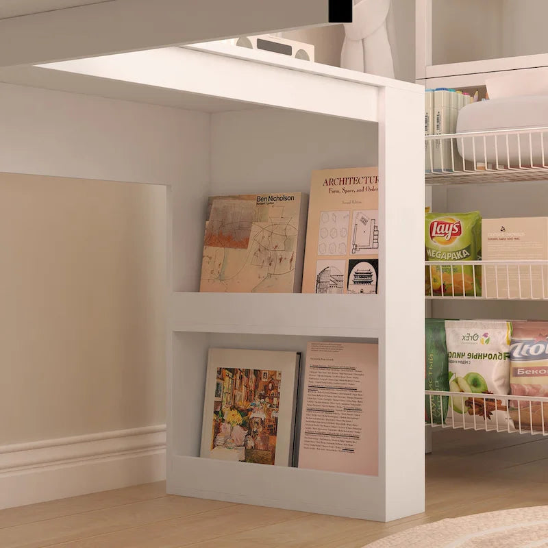 Bureau d'angle en L blanc avec prises, tiroirs et étagère, 1 personne
