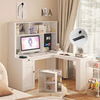 Bureau d'angle en L blanc avec prises, tiroirs et étagère, 1 personne