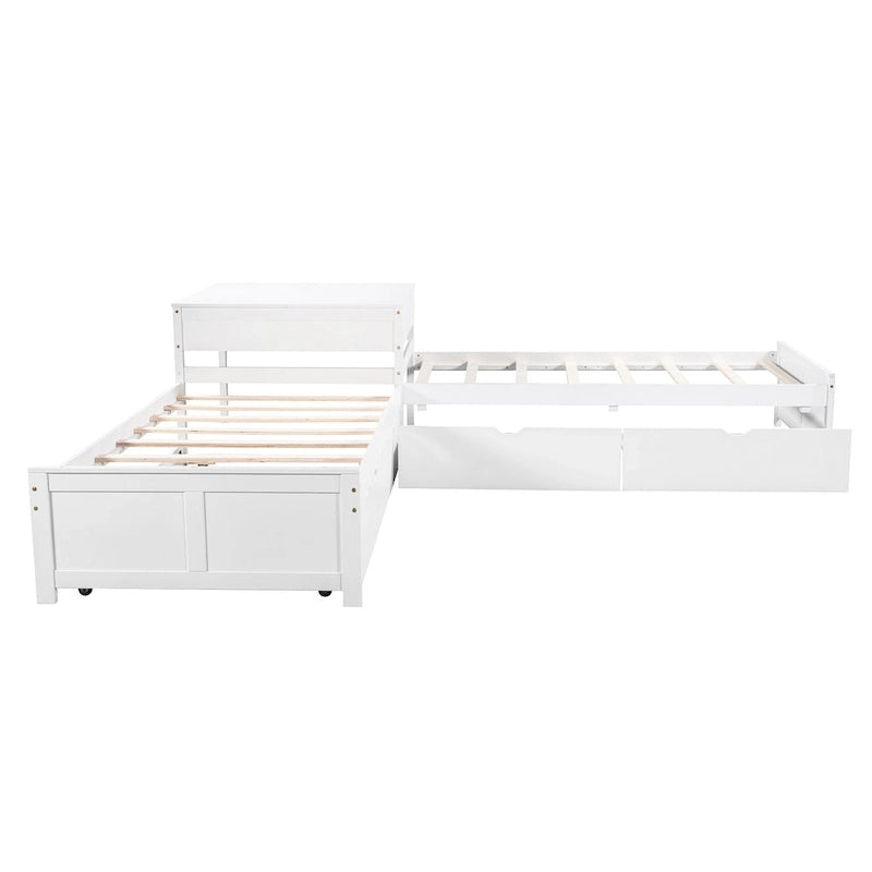 Lit superposé jumeau en forme de L blanc avec lit gigogne et tiroirs, 3 couchages